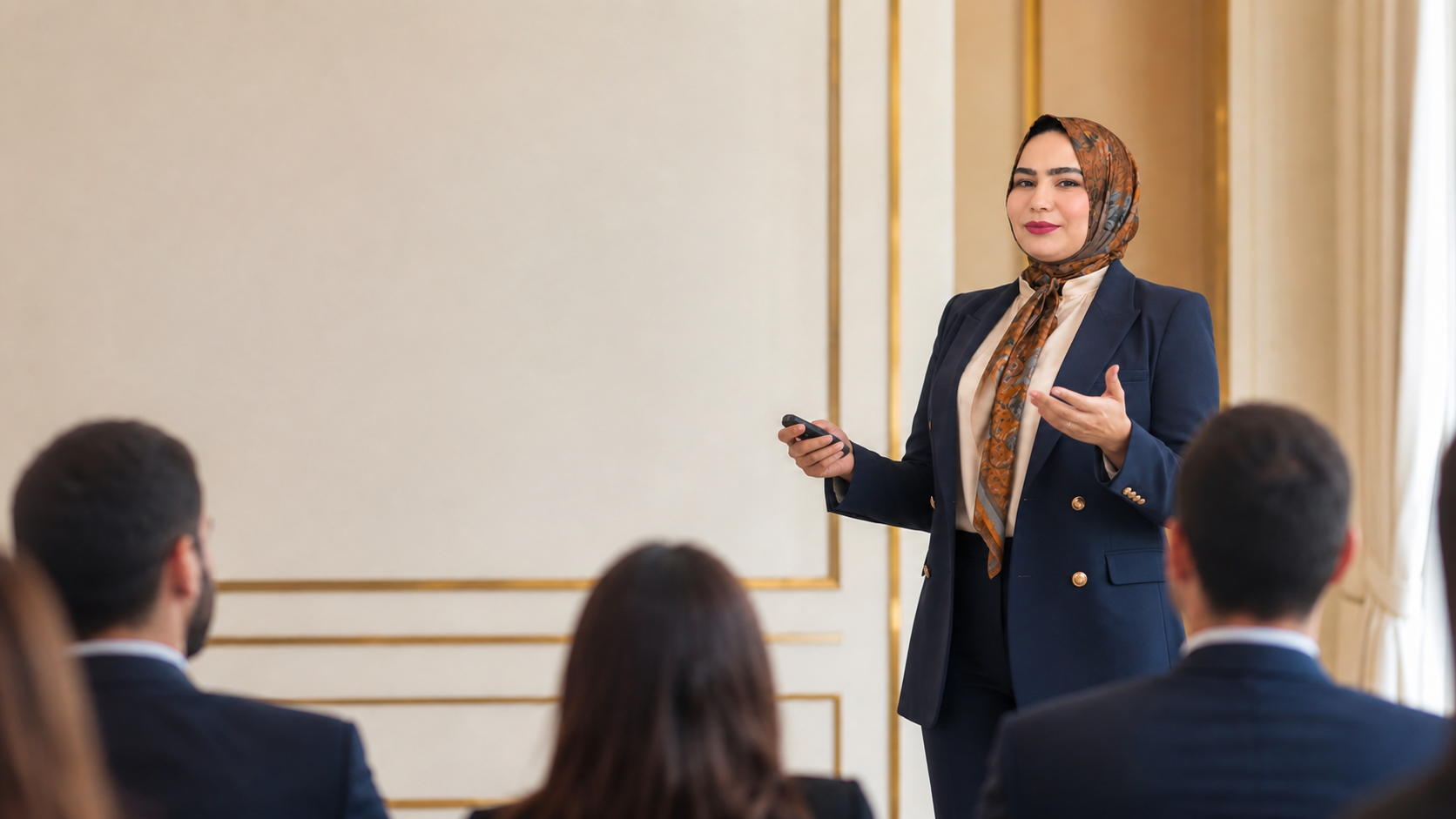 Formatrice animant une session professionnelle devant des participants